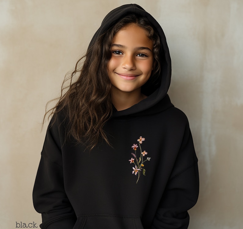 Pressed Flowers Youth Hooded Sweatshirt, Boho Cottagecore Pastel Botanical Floral Pullover Shirt Fairycore Girls Wildflowers Crewneck Hoodie zdjęcie 4