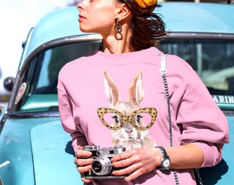 Lapin avec sweat-shirt à lunettes léopard, sweat-shirt de Pâques, graphique de lapin de Pâques, sweat-shirts de Pâques, sweat-shirt lapin de Pâques pour dames, lapin