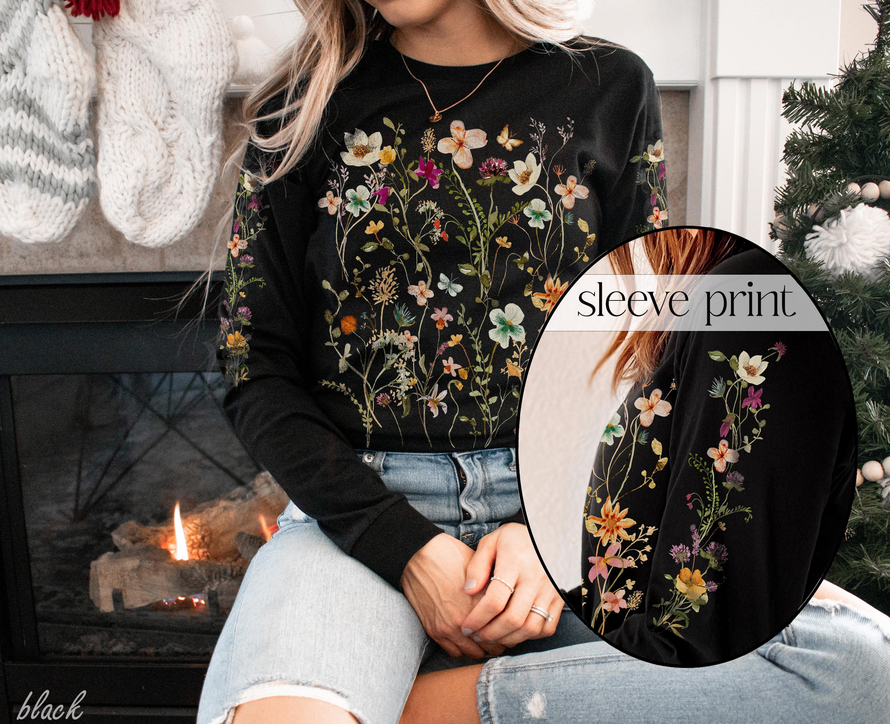 Sleeve Print Pressed Flowers Long Sleeve Tshirt Boho Wildflowers Cottagecore Shirt Vintage Botanical Tee Pastel Floral Gift Nature Tee Shirt