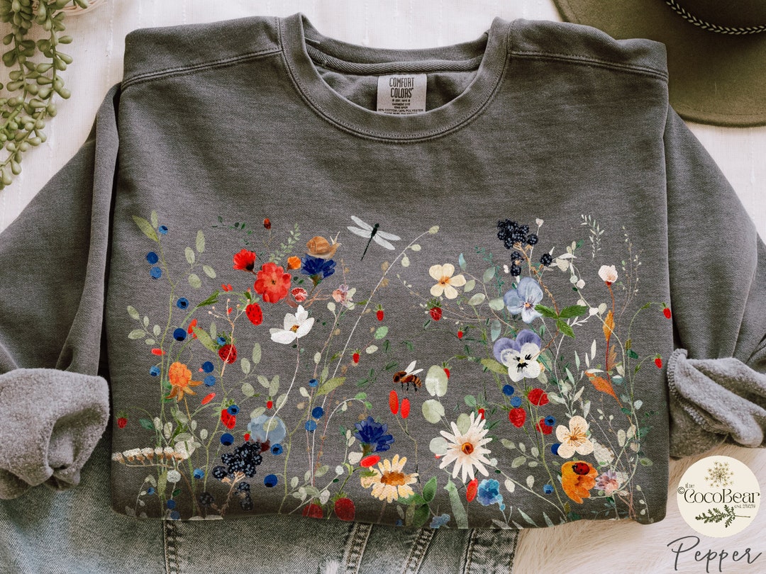 Vintage Pressed Flowers Sweatshirt Comfort Colors Boho Cottagecore