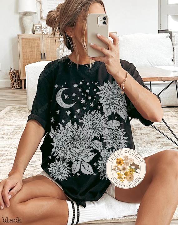 Dahlia Moon Linocut Shirt: Cottagecore Botanical Tee