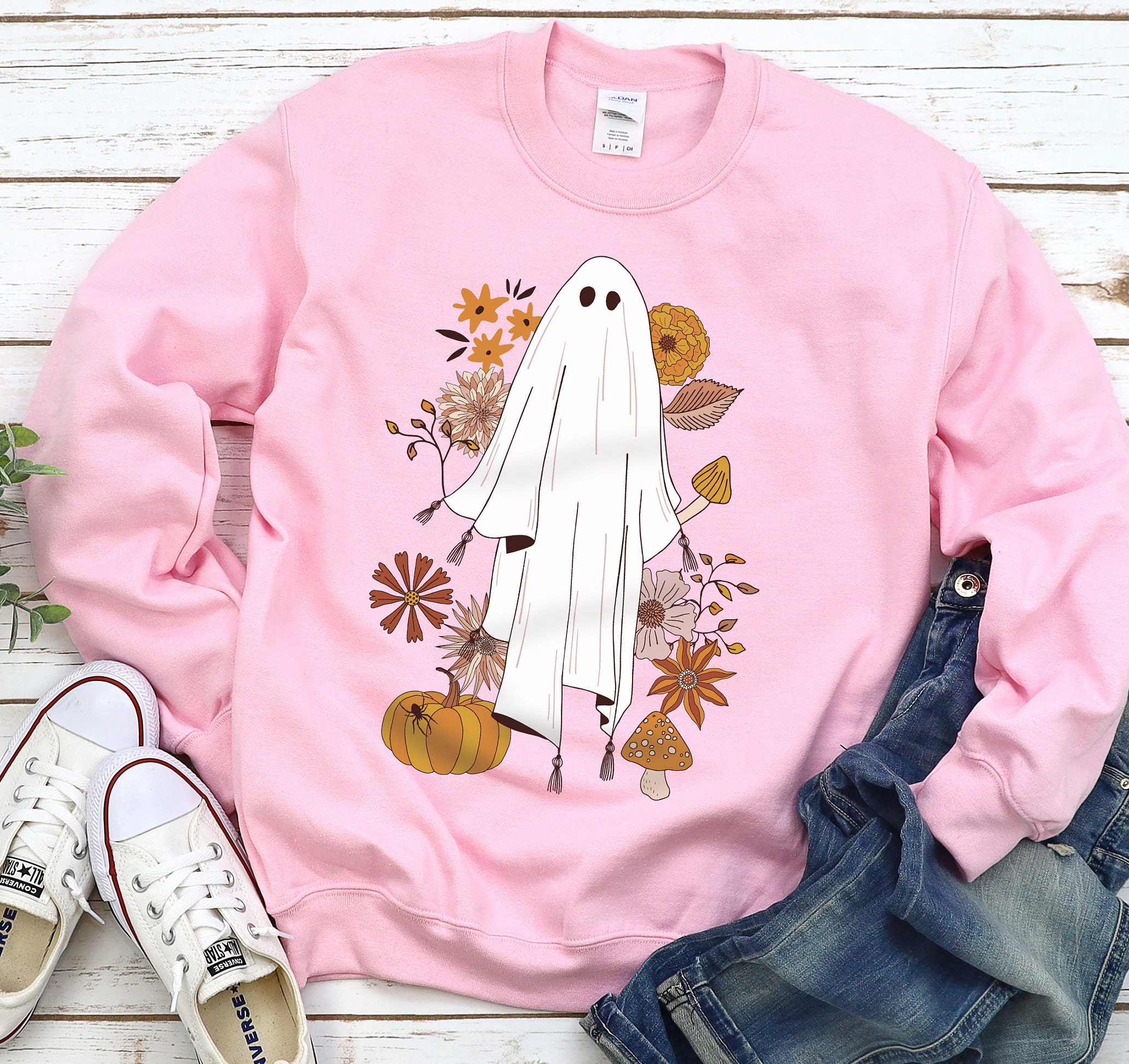 Halloween flower patch ghost graphic sweatshirt