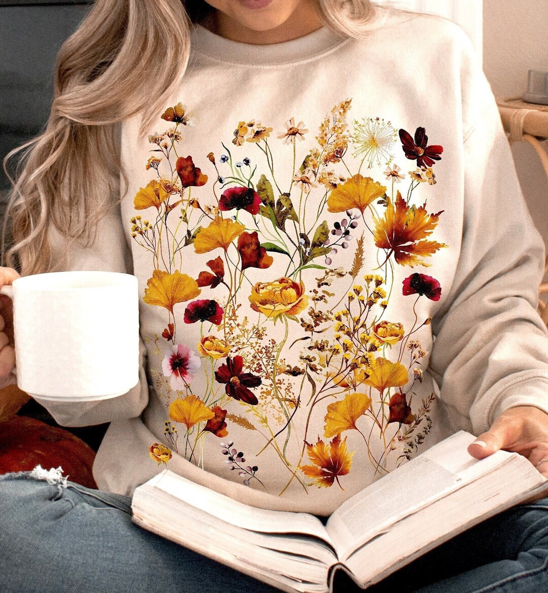 Vintage Gepresste Blumen Sweatshirt: Herbst Cottagecore Floral