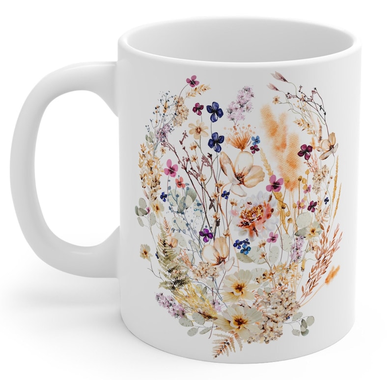 Pressed Flowers Mug, Boho Wildflowers Cottagecore Coffee Mug, Vintage ...