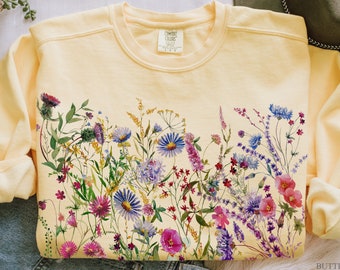 sweat-shirt vintage à fleurs pressées, col rond Boho Cottagecore, pull floral botanique pastel, sweat-shirt surdimensionné fleurs sauvages Fairycore