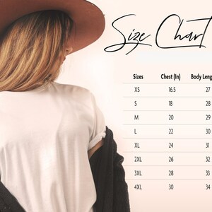 May include: Size chart for a t-shirt with measurements in inches for chest and body length. Sizes range from XS to 4XL.