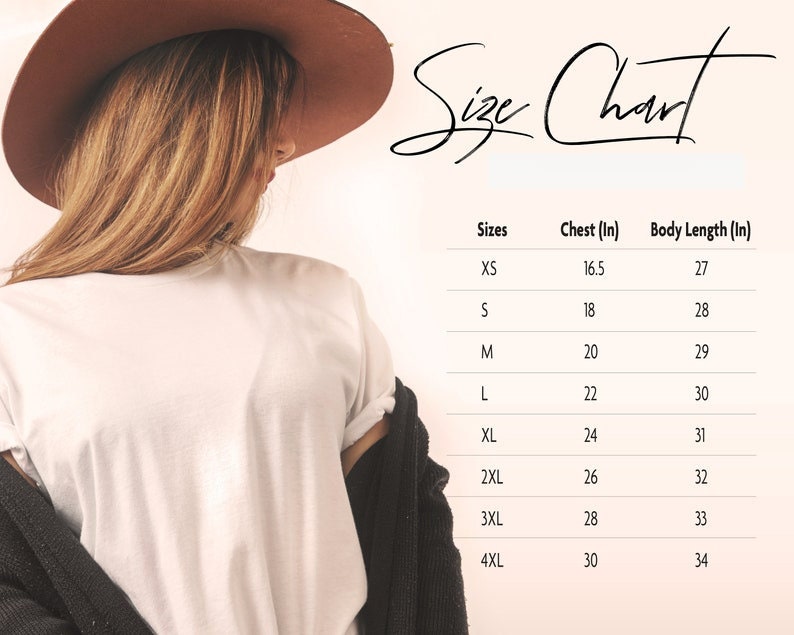 May include: Size chart for a t-shirt with measurements in inches for chest and body length. Sizes range from XS to 4XL.