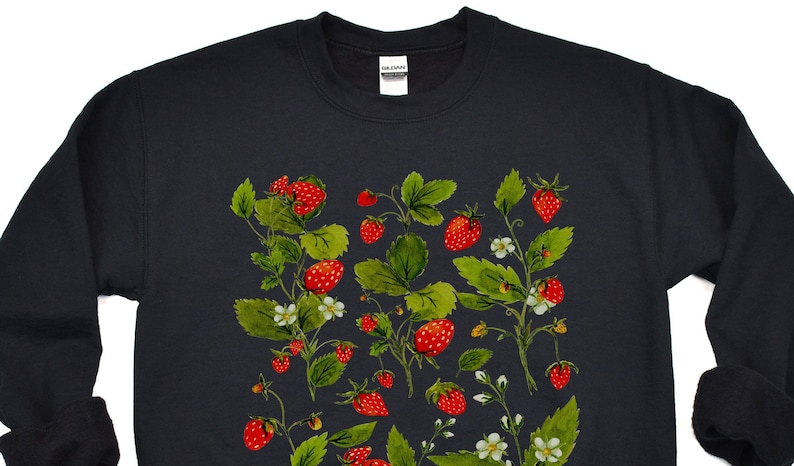 Puede incluir: Sudadera negra con un dise&ntilde;o bot&aacute;nico de fresas. El dise&ntilde;o incluye fresas rojas, hojas verdes y peque&ntilde;as flores blancas. Las fresas est&aacute;n dispersas por la parte delantera de la sudadera.