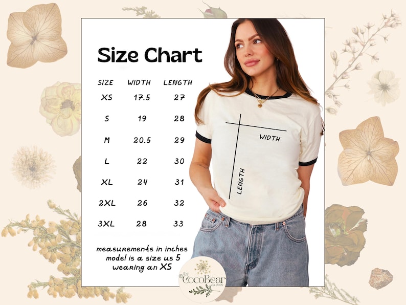 May include: A size chart with measurements in inches for t-shirts, with sizes ranging from XS to 3XL. The chart shows width and length measurements. A model wearing an XS t-shirt is also shown.