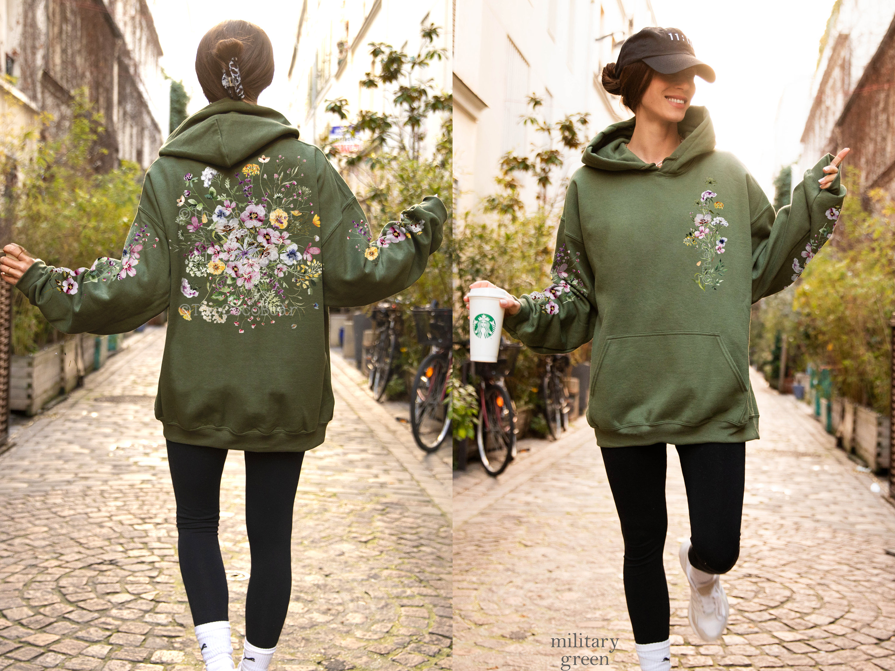 Vintage Pressed Flowers Hooded Sweatshirt, Boho Cottagecore Pastel ...