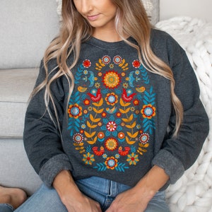 Scandinavian Folk Art Sweatshirt, Folk Art Bird Sweatshirt, Norwegian Folk Art Sweater, Nordic Botanical Sweatshirt, Oversized Sweatshirt