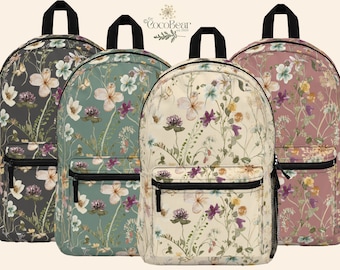 Boho Floral Backpack Flower Print Bookbag Pressed Flowers College Bag for University Student Custom Gift Pastel Cottagecore Backpack Flowers