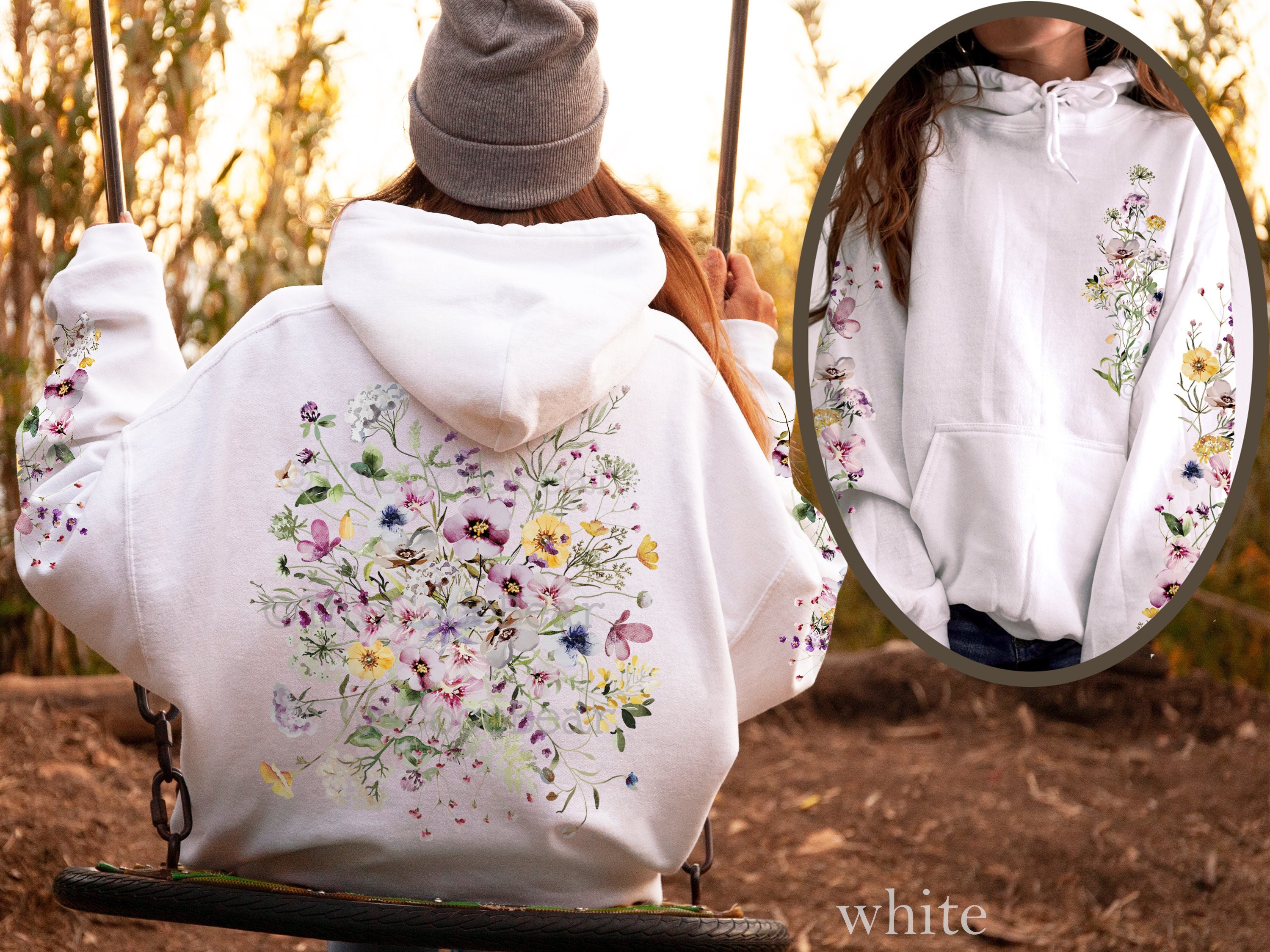 Vintage Pressed Flowers Hooded Sweatshirt, Boho Cottagecore Pastel ...