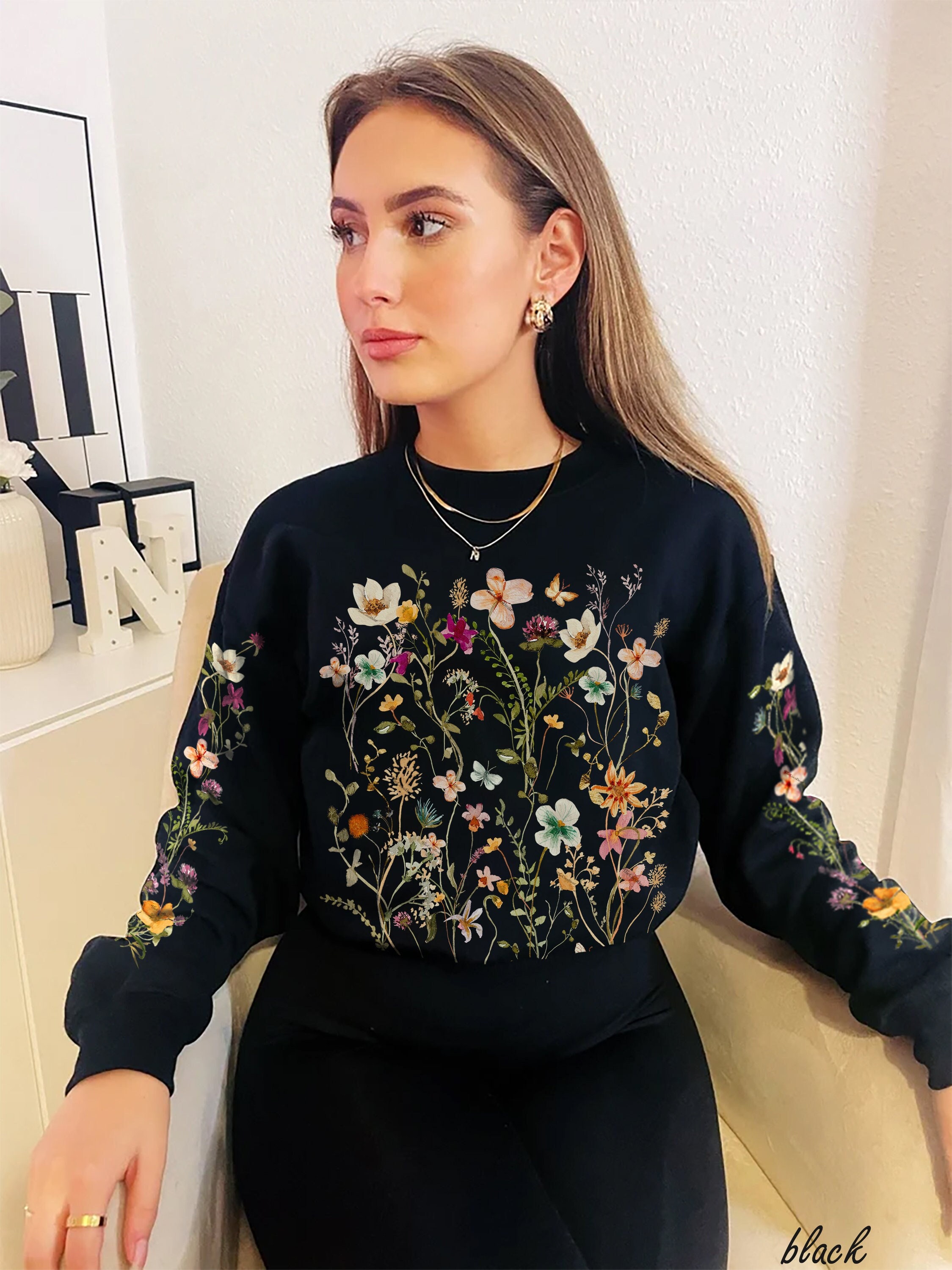 Vintage geperst bloemen sweatshirt, Boho Cottagecore ronde hals, pastel botanische bloementrui, Fairycore oversized wilde bloemen sweatshirt
