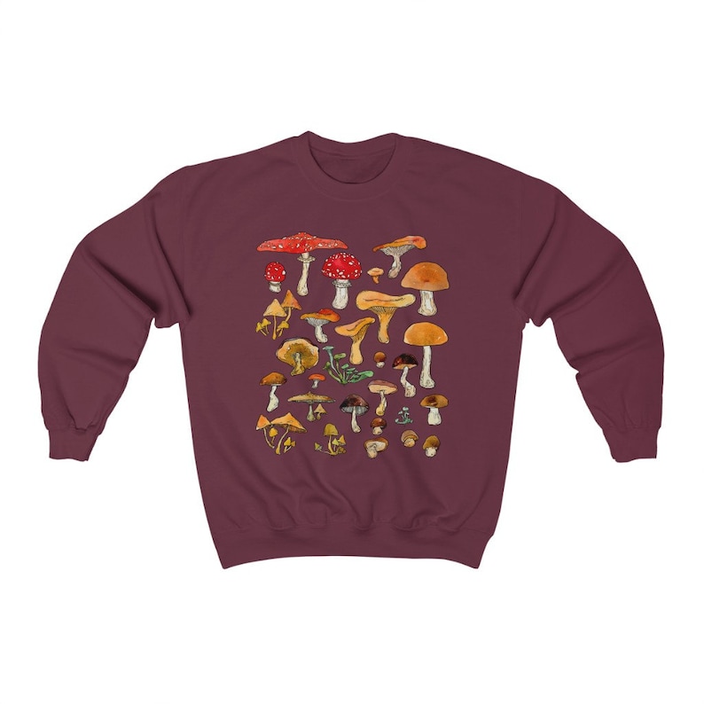 Forest Fungi Vintage Sweatshirt, Cottagecore Woodland Sweater, Nature Lover Oversized Crewneck, Mushroom Botanical Top, Foraging Pullover Maroon