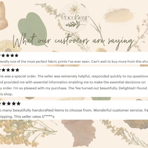 May include: A light beige background with floral and leaf accents, featuring customer reviews with star ratings. Text includes "What our customers are saying" and positive feedback about the shop and products.