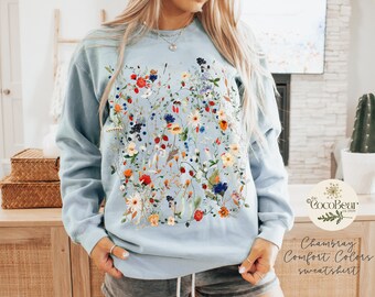 Vintage Gepresste Blumen Sweatshirt Komfort Farben Boho - Main Image