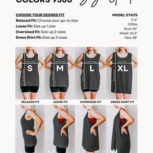 May include: A size guide for Comfort Colors 9360 tank tops showing front and side views in sizes S, M, L, and XL. The chart includes measurements in inches for width and length, model statistics, and fit descriptions for relaxed, loose, oversized, and dress shirt styles.