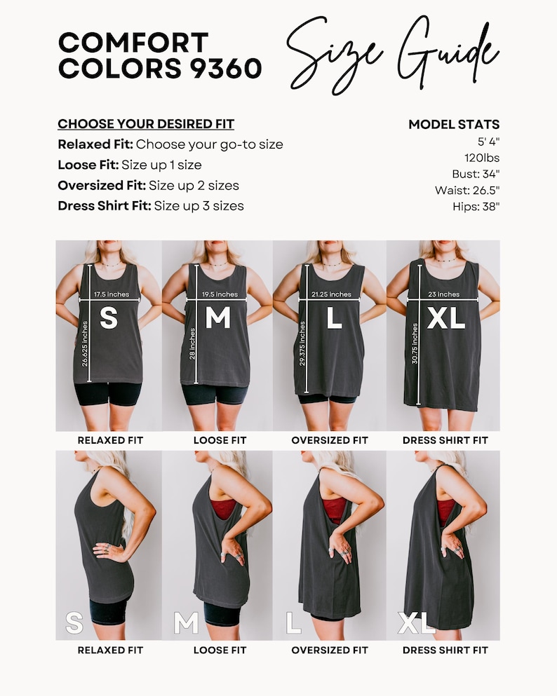 May include: A size guide for Comfort Colors 9360 tank tops showing front and side views in sizes S, M, L, and XL. The chart includes measurements in inches for width and length, model statistics, and fit descriptions for relaxed, loose, oversized, and dress shirt styles.
