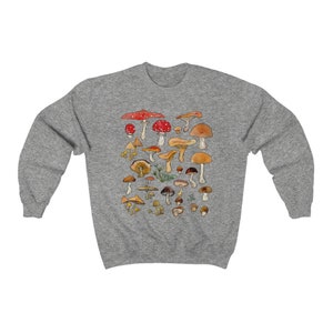 Forest Fungi Vintage Sweatshirt, Cottagecore Woodland Sweater, Nature Lover Oversized Crewneck, Mushroom Botanical Top, Foraging Pullover Sport Grey