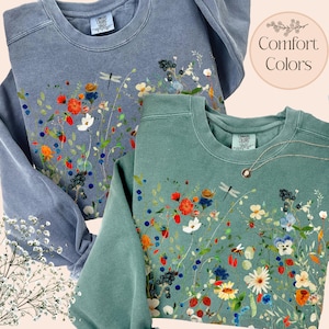 Sudadera vintage con flores prensadas, colores cómodos, estilo bohemio, estilo cottagecore, cuello redondo, diseño floral botánico de jardín, suéter de flores silvestres Fairycore