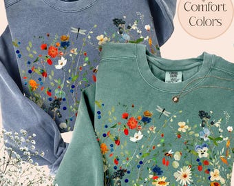 Vintage geperste bloemen sweater comfort kleuren boho cottagecore ronde hals tuin botanische bloemen trui Fairycore wilde bloemen trui