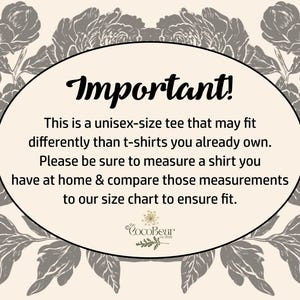 May include: Cream-colored background with a floral design in gray. An oval-shaped text box contains the word "Important!" and a message about unisex-size tees, advising customers to compare measurements to a size chart for fit. The CocoBear logo is at the bottom.