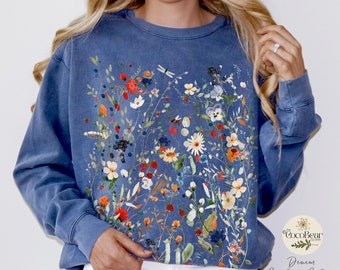 Vintage Gepresste Blumen Sweatshirt Komfort Farben Boho Cottagecore Rundhalsausschnitt Garten Botanischer Blumen Pullover Fairycore Wildblumen Pullover