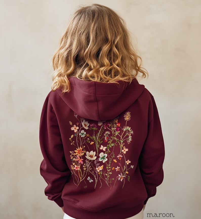 Pressed Flowers Youth Hooded Sweatshirt, Boho Cottagecore Pastel Botanical Floral Pullover Shirt Fairycore Girls Wildflowers Crewneck Hoodie Maroon