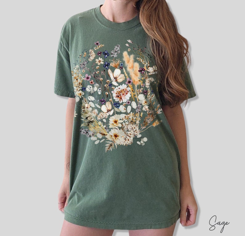 Pressed Flowers Comfort Colors Tshirt, Boho Wildflowers Cottagecore Shirt Vintage Botanical Tee Pastel Floral Nature Shirt Garden Lover Gift image 2