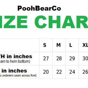 May include: Size chart for clothing with measurements in inches. The chart shows the length and chest measurements for sizes S, M, L, XL, and 2XL.