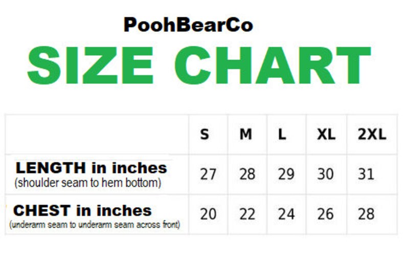 May include: Size chart for clothing with measurements in inches. The chart shows the length and chest measurements for sizes S, M, L, XL, and 2XL.