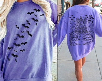 Comfort Colors Haunted House Sweatshirt: Bats & Spooky Halloween