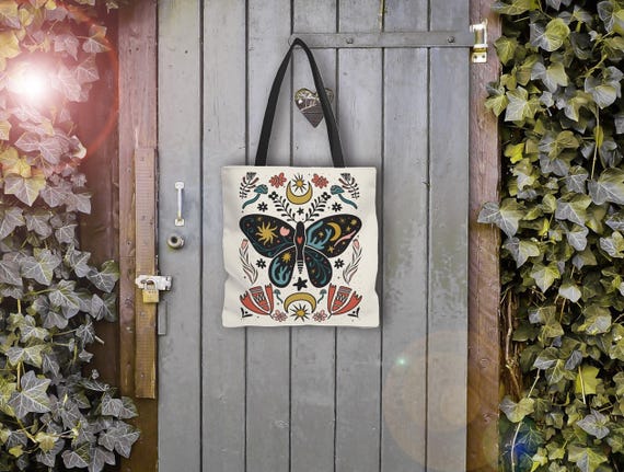 Scandinavian Folk Art Butterfly Tote Bag, Mystical Butterfly Tote Bag, Reusable Grocery Bag, Sun Moon Stars Tote, 18x18 16x16 13x13 Tote Bag