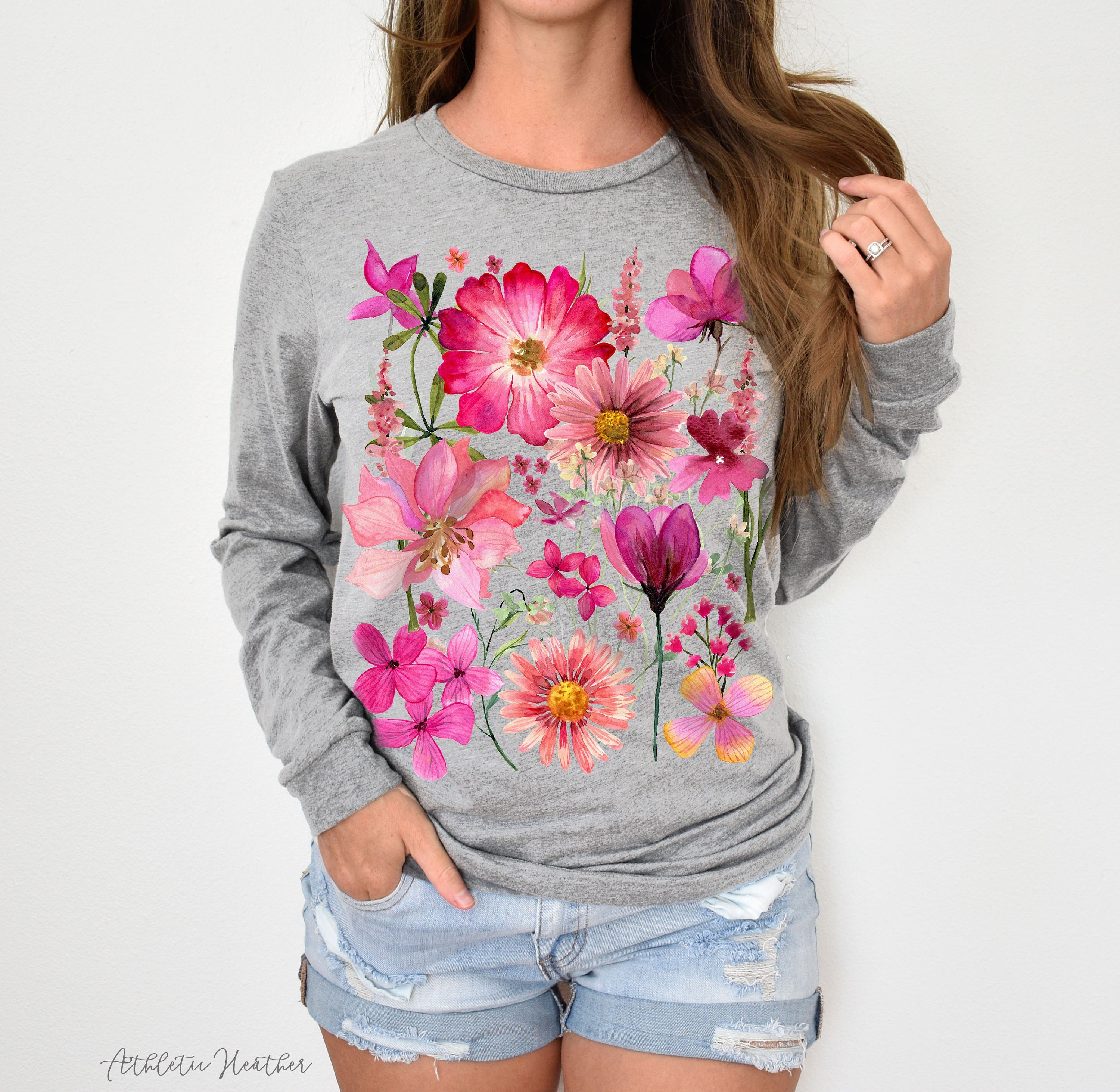 Pressed Flowers Long Sleeve Tshirt, Boho Wildflowers Cottagecore