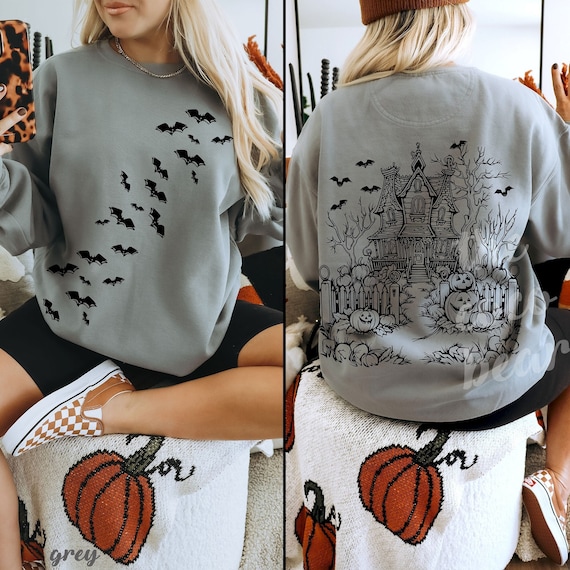 Haunted House Comfort Colors Halloween Sweatshirt Halloween Party Bats Crewneck Spooky Season Pullover Vintage Halloween Sweater Trendy