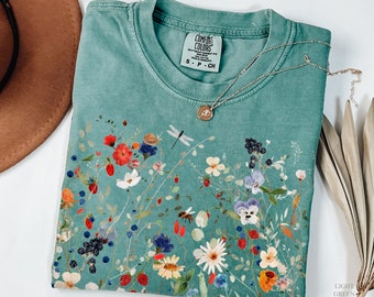 Vintage geperste bloemen shirt comfort kleuren boho cottagecore tshirt botanische bloemen Tee wilde bloemen Sweatshirt Fairycore cadeau tuinliefhebber