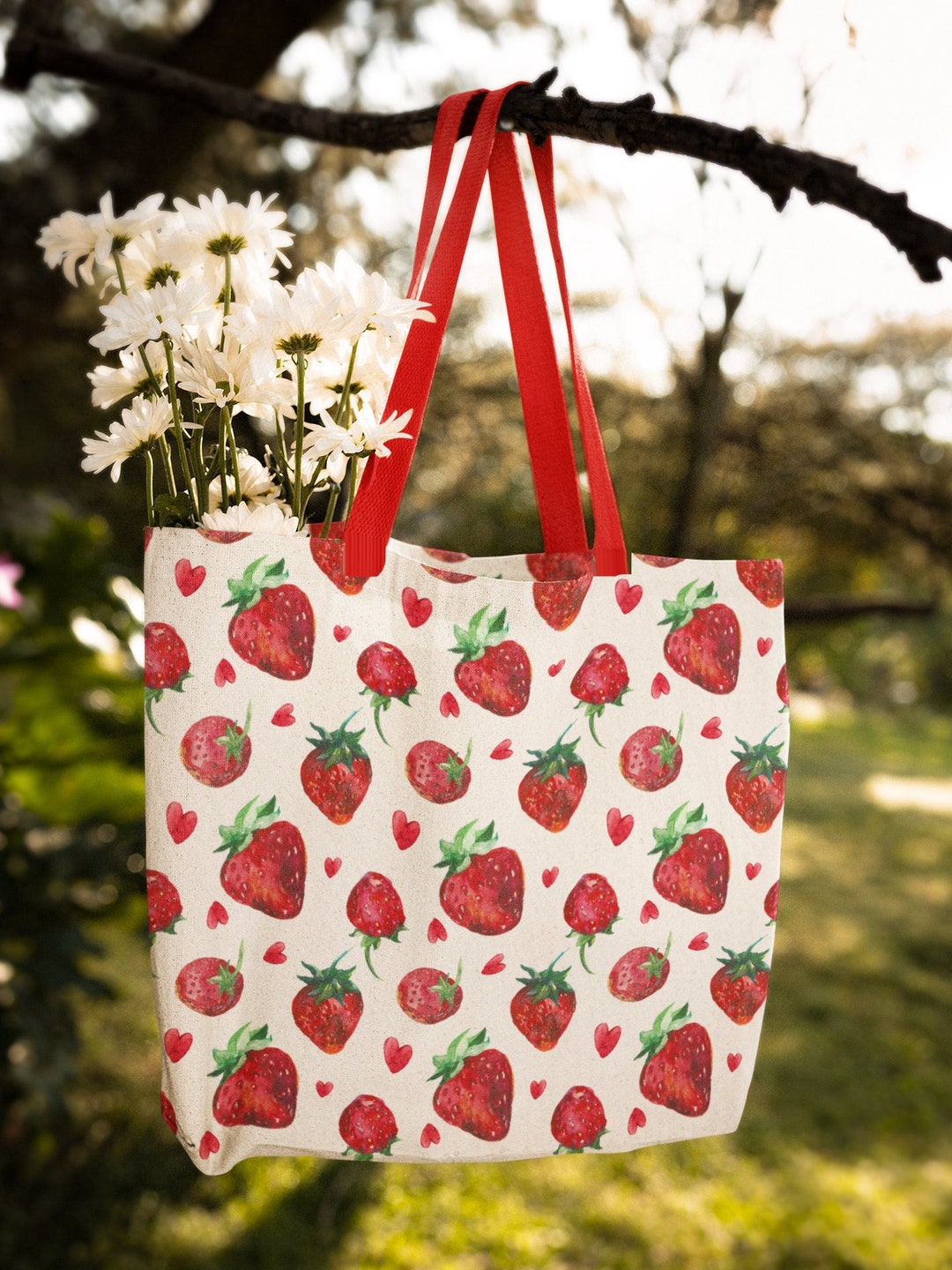 Cute Strawberry Print Tote Bag Cotton Grocery Bag Reusable Market Bag ...