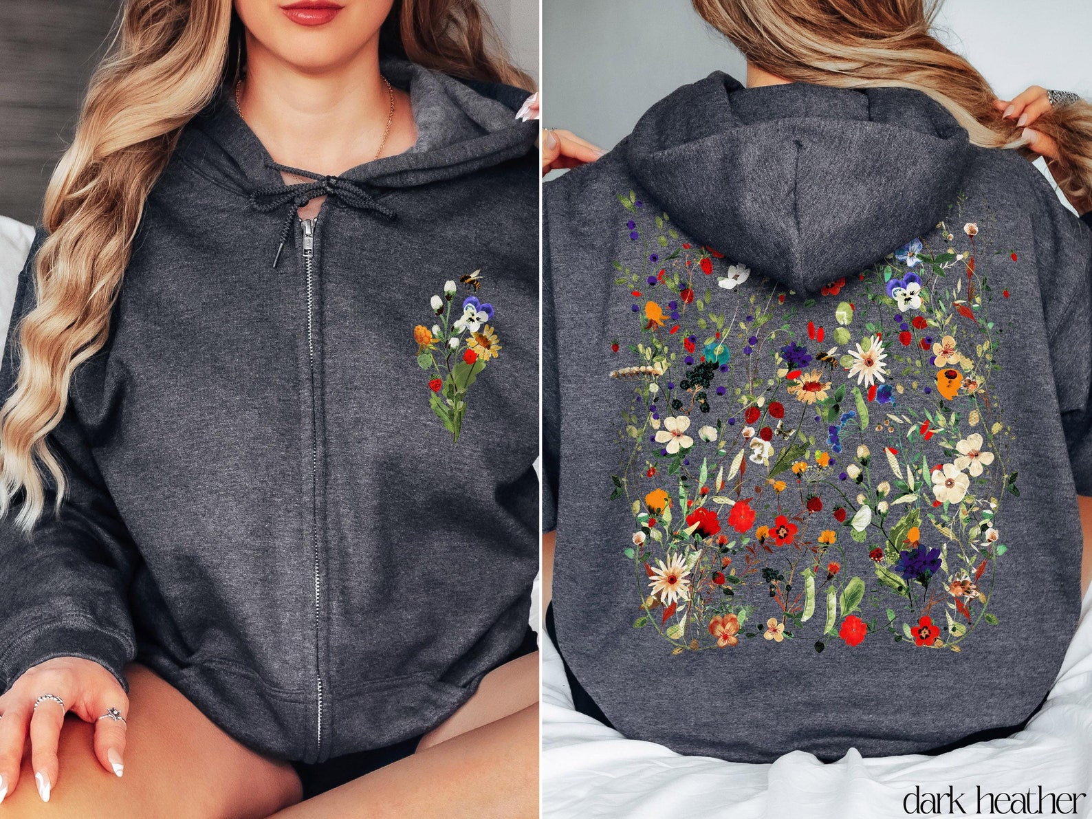 Pressed Flowers Zip Hoodie Cottagecore Sweatshirt Floral Fleece Jacket ...