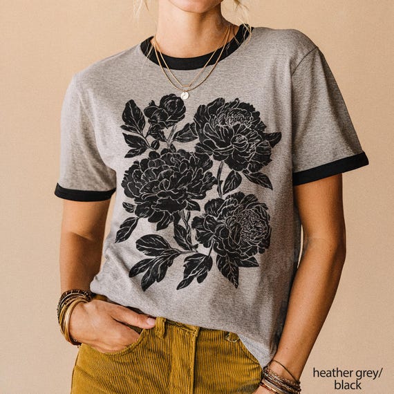 Retro Linocut Peonies Ringer TShirt, Cottagecore Floral Graphic Tee, Vintage Botanical Flowers T Shirt, Ranunculus Boho Garden T-Shirt Gift