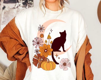 Cottagecore Cat Shirt Botanical Fall Tshirt Retro Floral Boho Tee Autumn Cat Top Autumn Vintage Pumpkin T-Shirt Black Cat Gift for Cat Lover