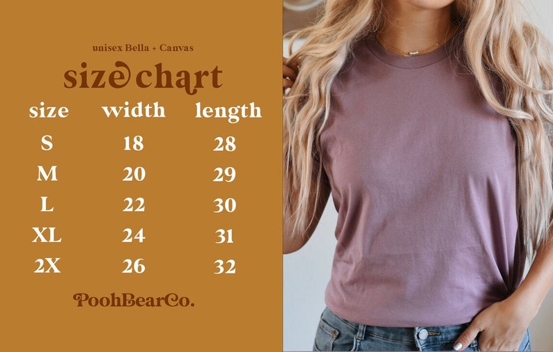 K&ouml;nnte beinhalten: Gr&ouml;&szlig;entabelle f&uuml;r ein Unisex-T-Shirt von Bella + Canvas. Die Tabelle zeigt die Breite und L&auml;nge in Zoll f&uuml;r die Gr&ouml;&szlig;en S, M, L, XL und 2X.