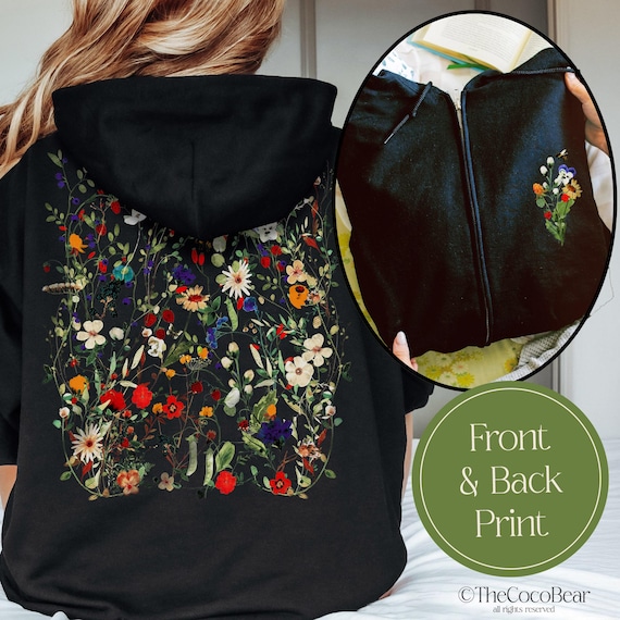 Pressed Flowers Zip Hoodie Cottagecore Sweatshirt Floral Fleece Jacket Botanical Crewneck Nature Pullover Flower Lover Tee Shirt Garden Gift
