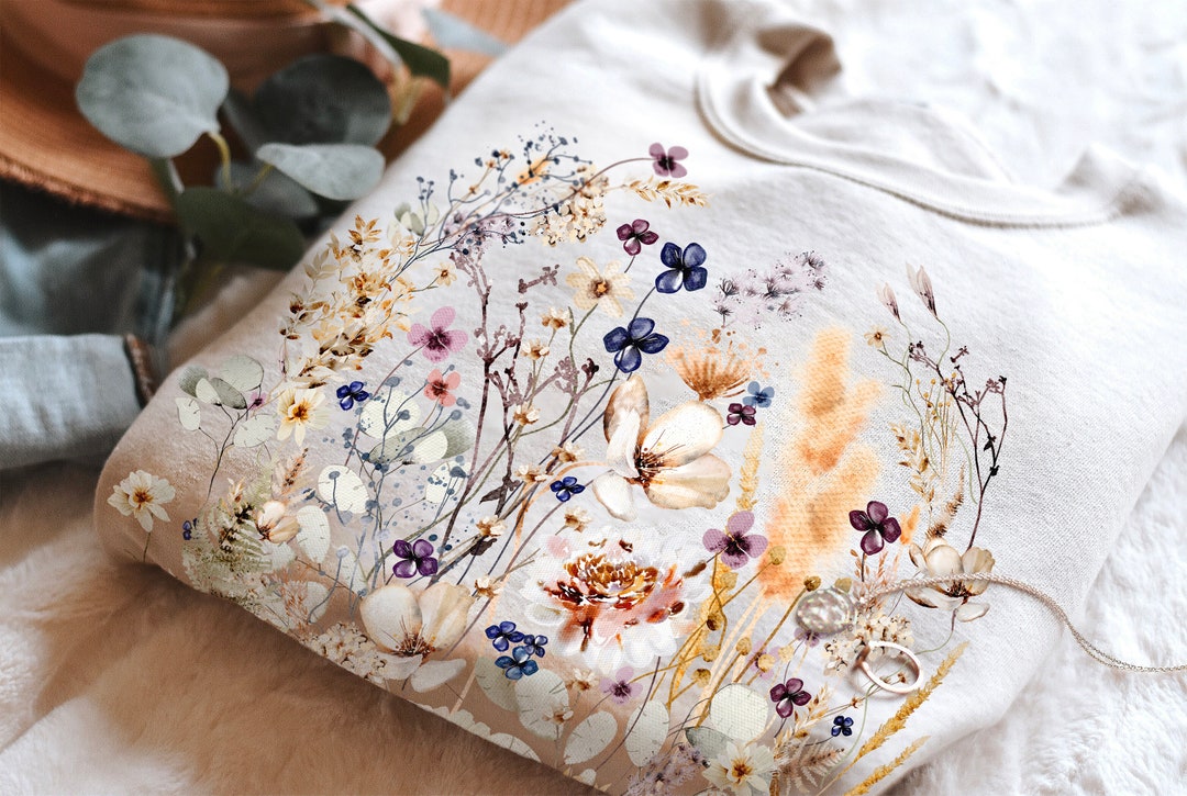 Vintage Pressed Flowers Sweatshirt, Boho Cottagecore