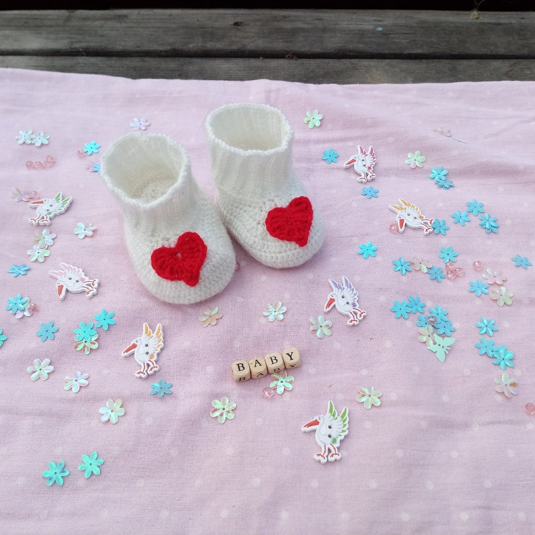 Neutral white baby booties with heart shaped elements Etsy
