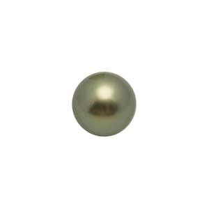 May include: A single, lustrous, olive-green pearl against a white background. The spherical pearl has a smooth, reflective surface, with subtle variations in color and highlights. This image showcases a natural gemstone, perfect for jewelry.
