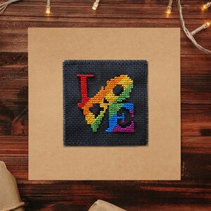 Completed Cross Stitch Greeting Card - LOVE. Share love. Mardi Gras cross stitch. Valentine love card.