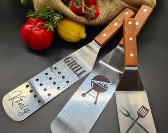 3-teiliges Grill-Pfannenwender Set aus Edelstahl, BBQ, Chillen Grillen, Sommer, Camping, Geschenkidee, Personalisiert, Unikat, Vatertag