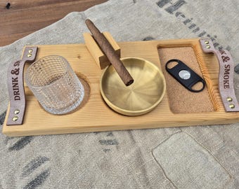 Personalized whisky and cigar set tray, wooden whisky ashtray including glass, rustic drink and smoke butler, luxury Father's Day gift