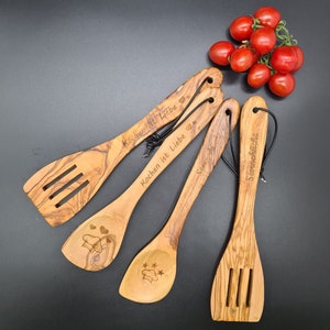 Set of cooking spoon & pan turner made of olive wood kitchen cooking Father's Day Mother's Day Gift Kochutensil Wish text personalized
